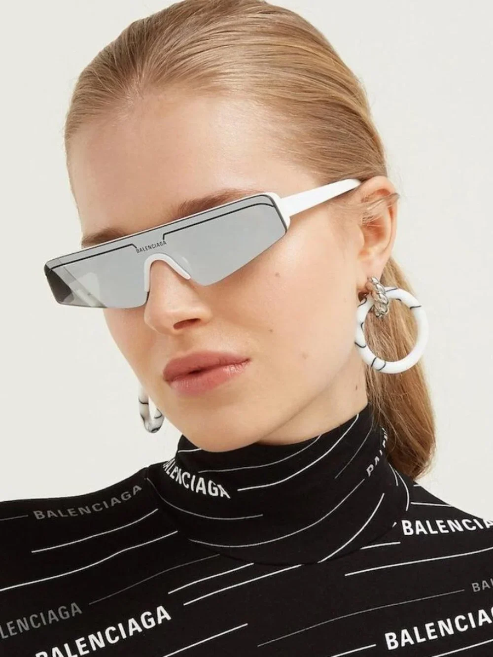 Balenciaga BB0003S 005 Shield Sunglasses - Black / Silver Mirror